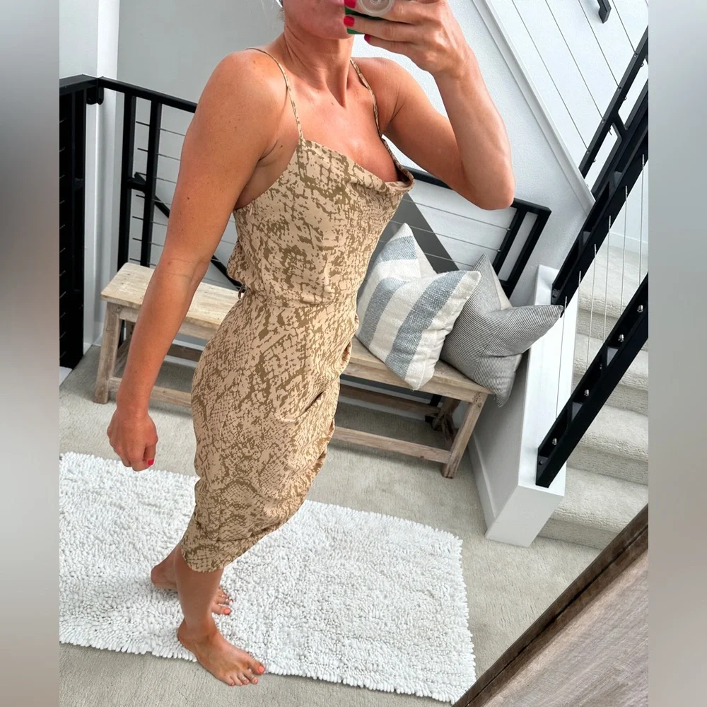 Forever 21 Snake Print Ruched Midi Dress Tan Beige Spaghetti Strap | Size M - Picture 5 of 15